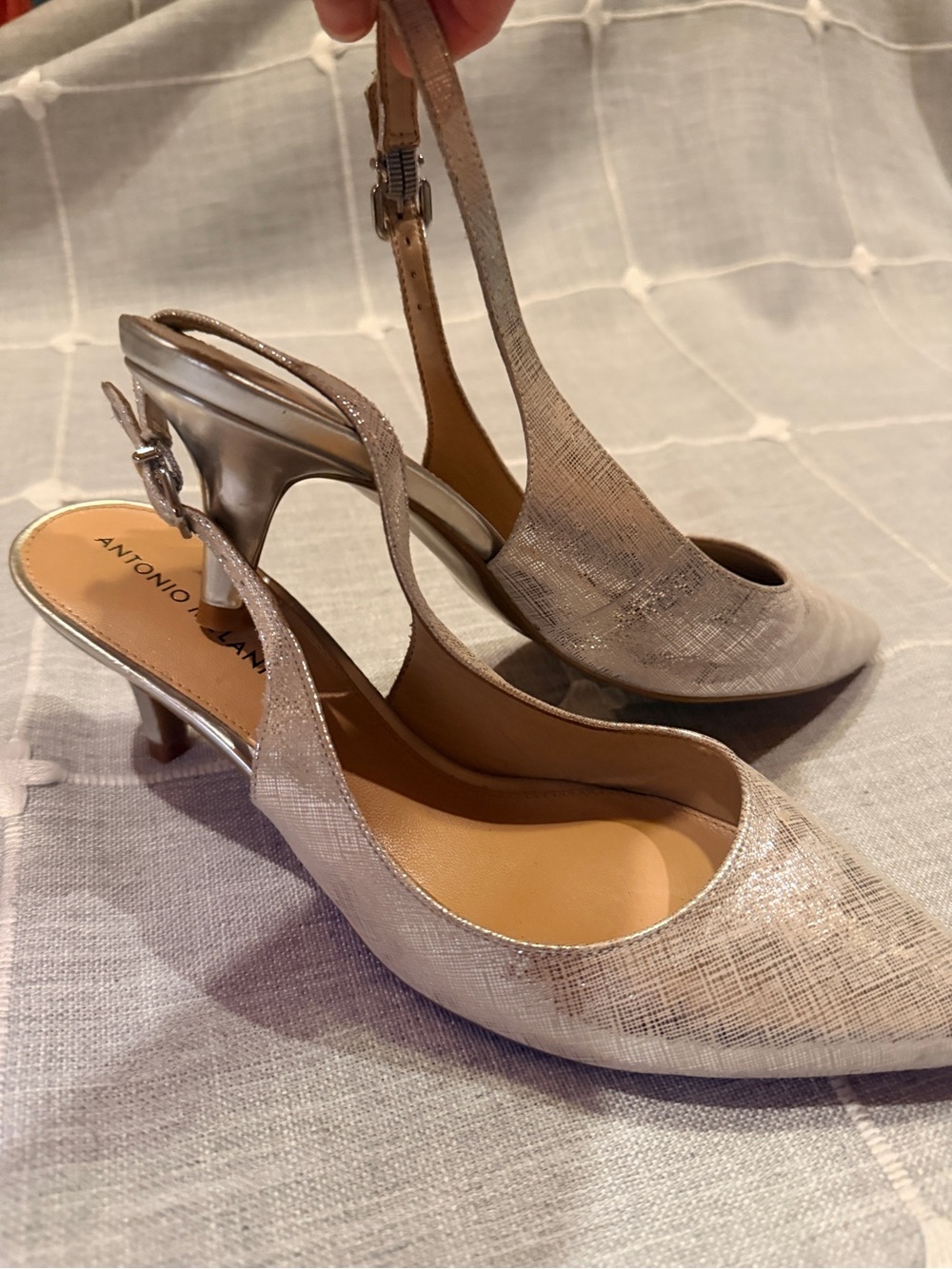 ANTONIO MELANI Metallic Silver Slingback Kitten Heel Pumps